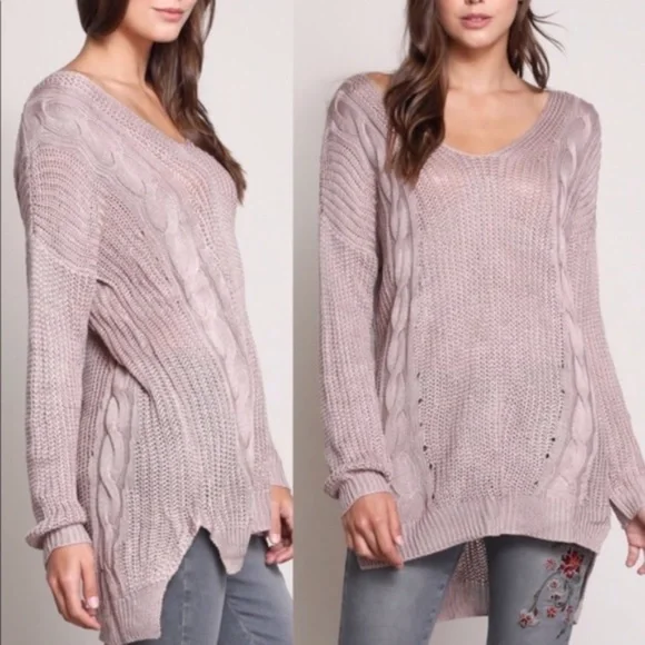 Cozy Mauve V neck cable Knit criss cross back Oversized Sweater - Picture 3 of 4
